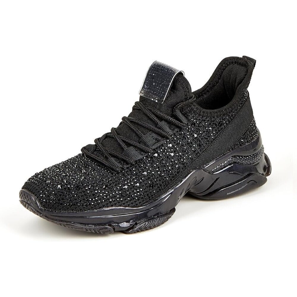 🆕 Women's Rhinestone Mesh Slip-On Walking Shoes Black Fabric Sparkle Glitter
